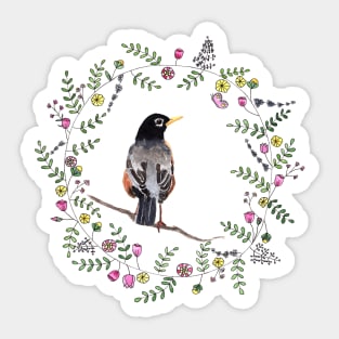 American Robin with whimsical flower wreath Sticker